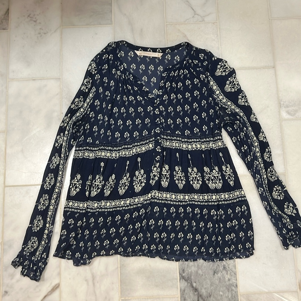 Zara Navy & Ivory Floral Blouse, Size Small
